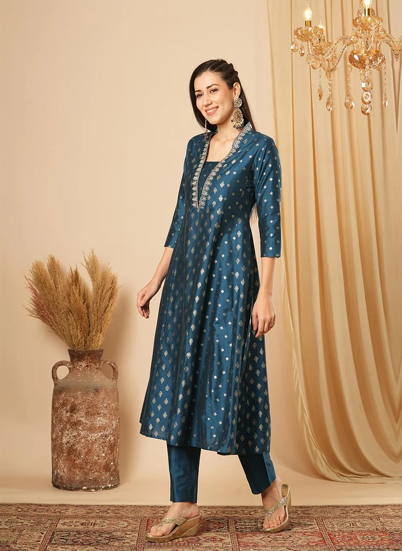 globus Blue Globus Women Ethnic Motifs Printed Panelled Thread Work Kurta With Trousers Festive Set for Women | Best Price UAE